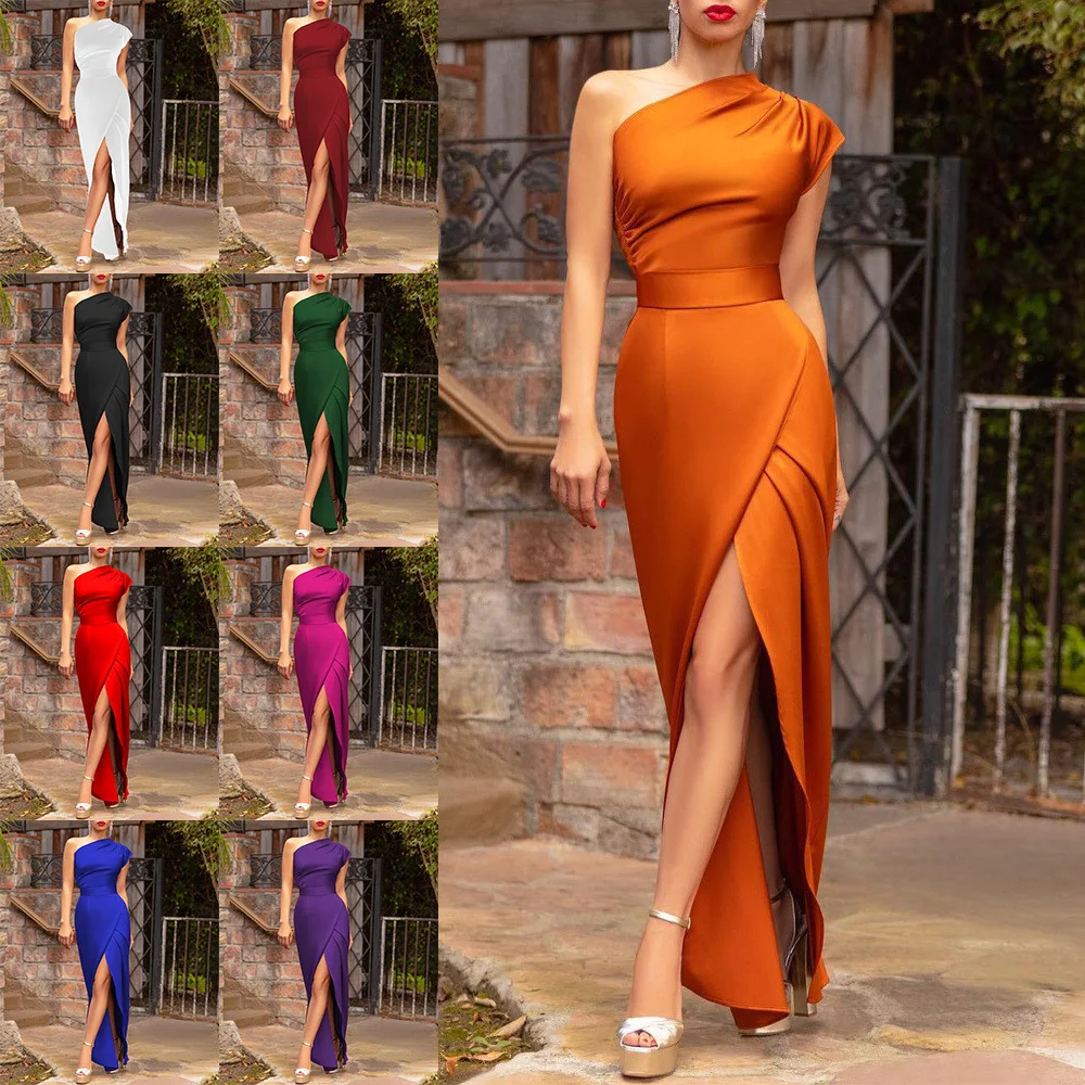 2024 new explosive women's single shoulder high waist front split temperament dress hot dress dress
