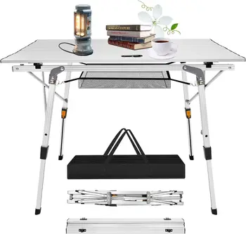Efan 90 x53cm (3FT) tavolo da spiaggia pieghevole da campeggio + rete portaoggetti, tavolo arrotolabile in alluminio regolabile in altezza + borsa per barbecue da giardino da Picnic 1