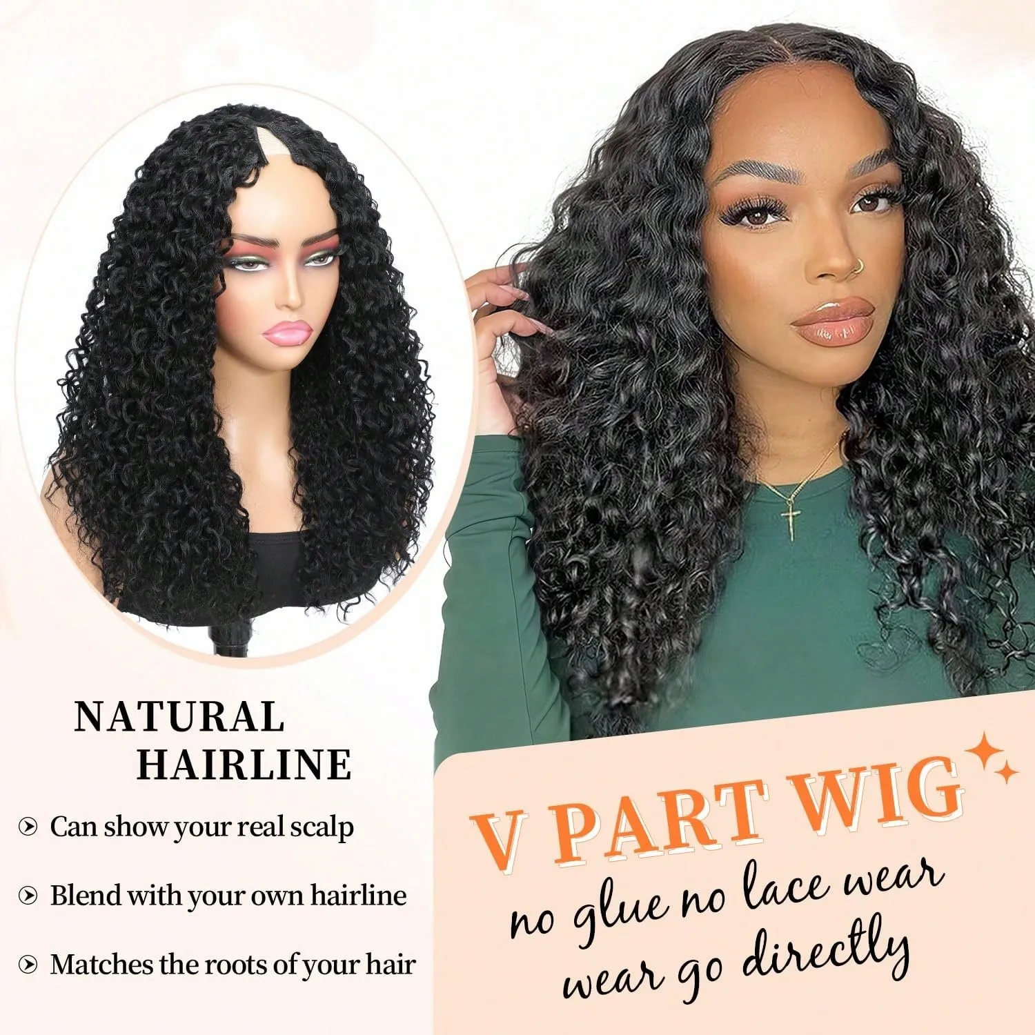 V Part Curly Wig Human Hair Upgrade U Part Wig with Drawstring 250% No Leave Out Glueless V Shape Full Head Clip In Half Wig 3