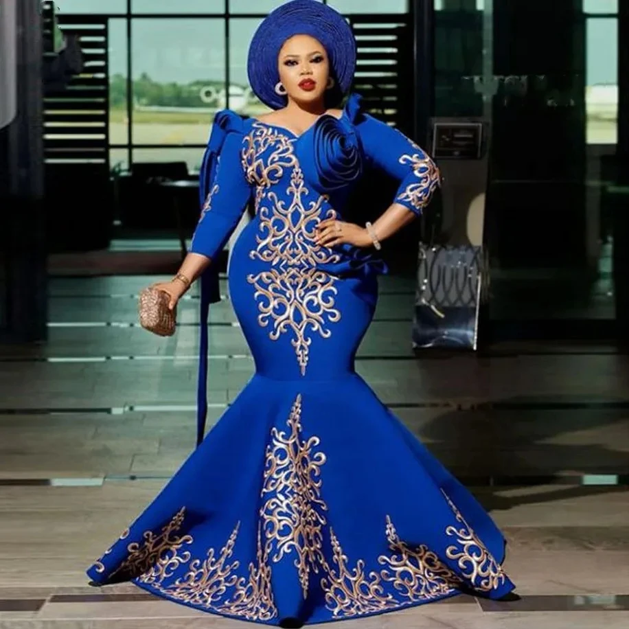 

Royal Blue Aso Ebi African Evening Dresses Mermaid 3/4 Sleeves Appliques Long Dubai Saudi Arabic Black Girls Evening Gown Prom