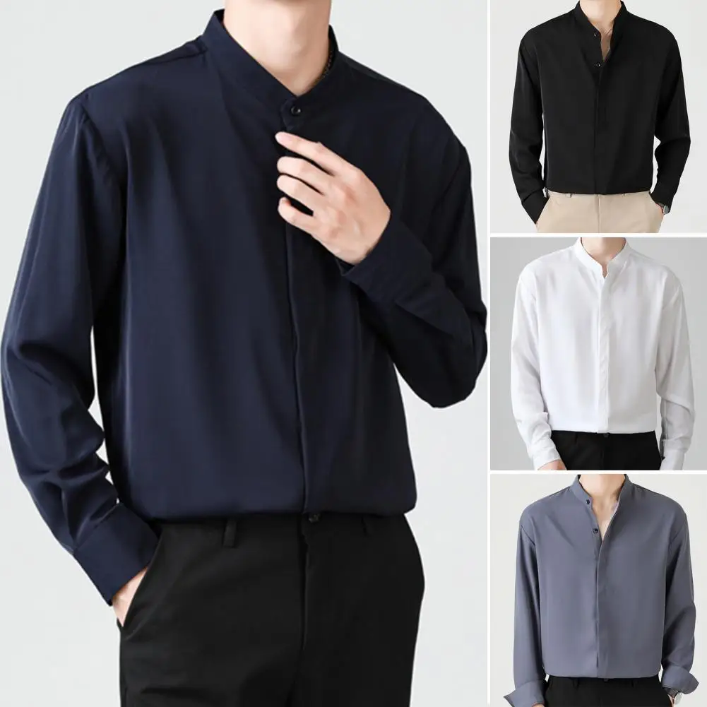 

Slim Fit Shirt Men's Single-breasted Stand Collar Business Shirt Slim Fit Pure Color Long Sleeve Formal Spring/fall Mid for Soft
