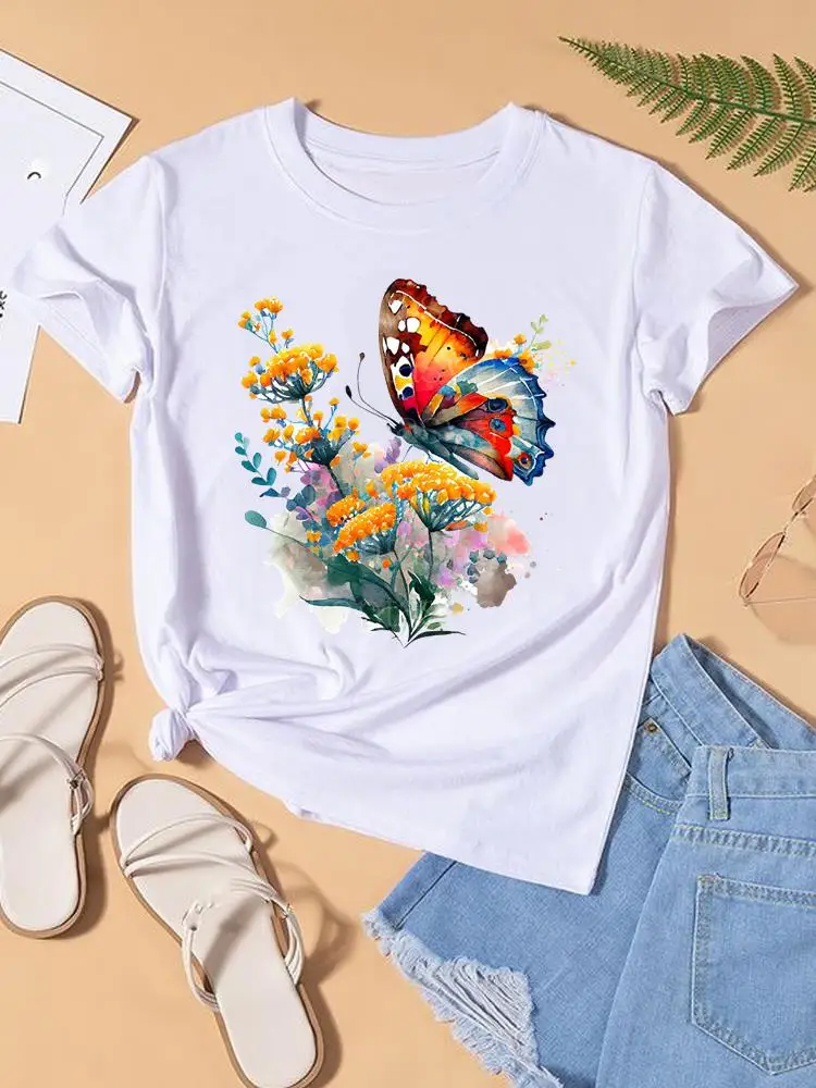 

Clothes Short Sleeve Graphic T-shirt Women Top Fashion O-neck Butterfly Trend Cute 90s Clothing Print Lady Female Shirt Tee