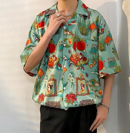 Mens Dress Shirt Vintage Cuban collar shirt Men's and women's American style loose design couple beach short-sleeved shirt floral blouse