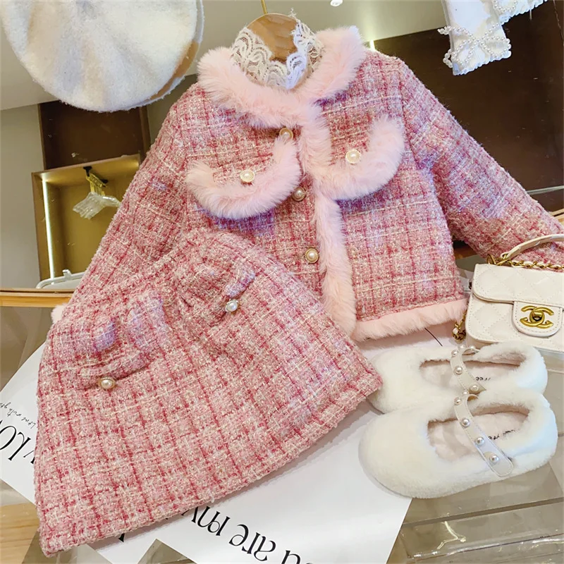 

Girls Woolen Clothing Sets Autumn Winter 2024 Children Thick Cotton Coats Skirts 2pcs Party Suit For Baby Warm Outfits Kids 6 7Y