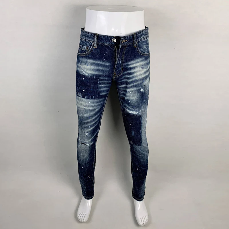 high street fashion men jeans retro black gray stretch slim fit painted ripped jeans men patched designer hip hop brand pants Street Fashion Men Jeans High Quality Retro Blue Stretch Slim Fit Ripped Jeans Men Painted Designer Hip Hop Brand Pants Hombre