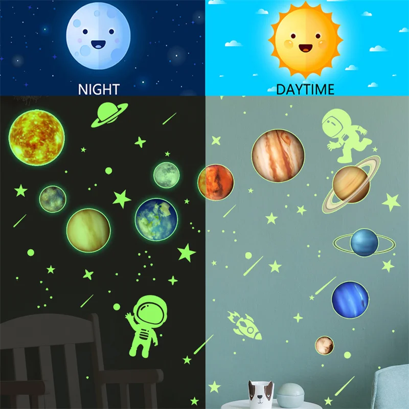 Glowing Stickers Astronaut Decals Glow In The Dark Space Planet Star Wall Sticker Child Room Decoration Self Adhesive Luminous
