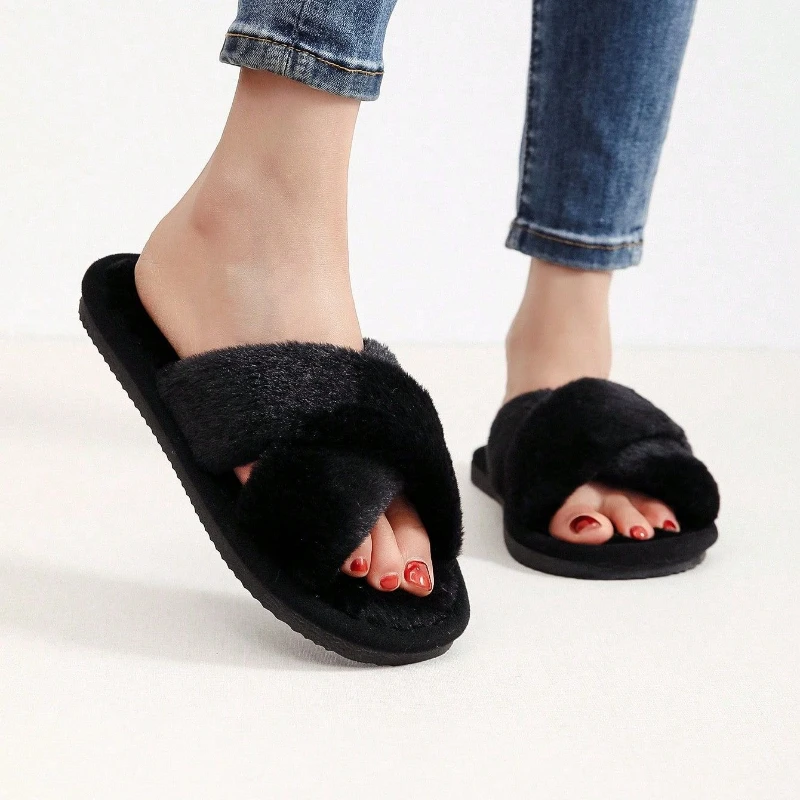 خريف موضة جديدة عبر حزام نِعال من الفراء النساء داخلي ضوء دافئ أفخم النعال المنزل امرأة فو الفراء كعب مسطح زوجين الشرائح