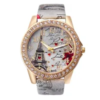 Trendy Women rhinestone Eiffel Tower PU leather quartz Watch 1