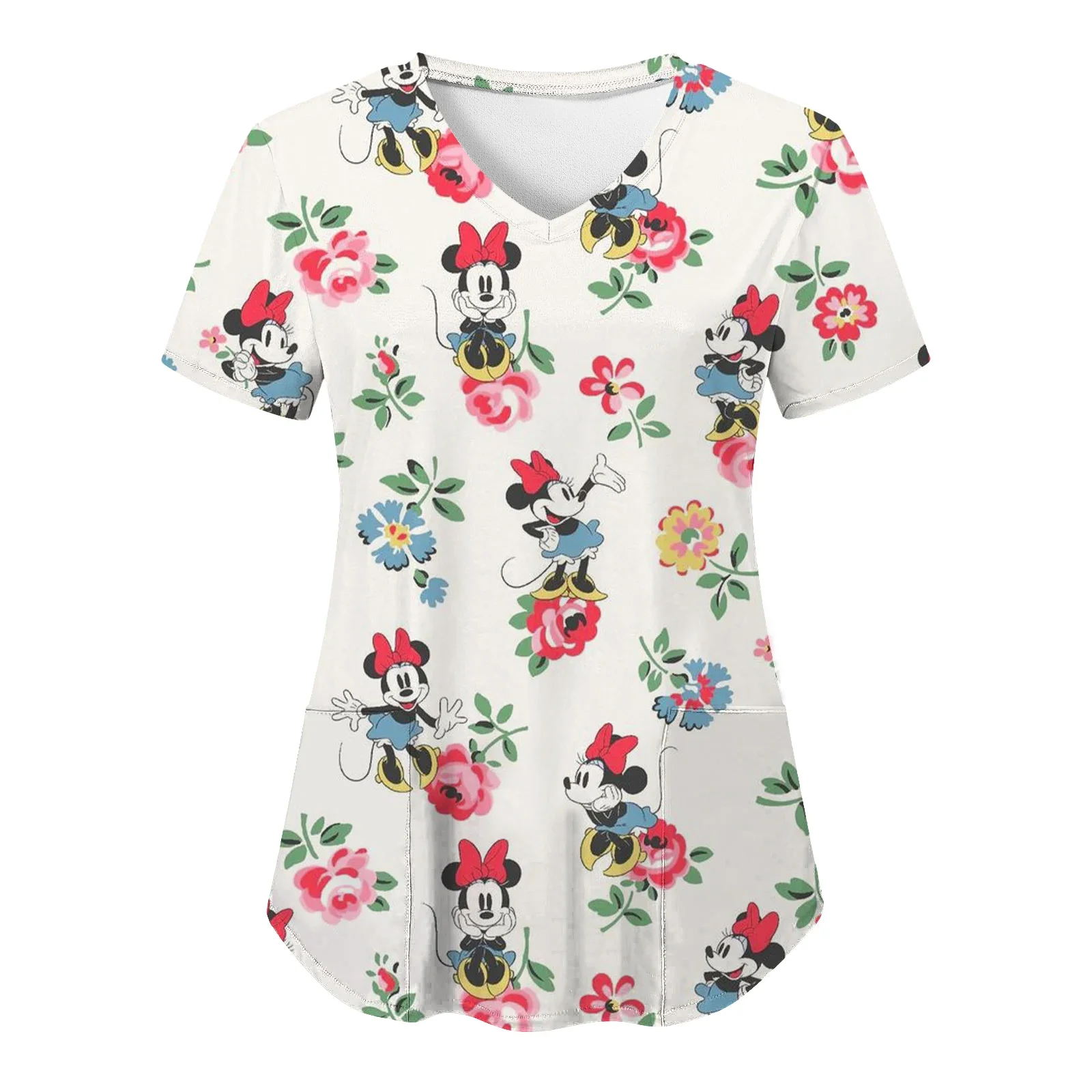 Miniso Minnie Mouse T-shirts V Neck Woman Clothes Hospital Tops Disney Top Women 2024 Nurse Uniform T-shirt Pocket Summer Tees 5