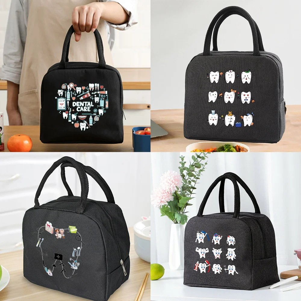 

Lunch Bag Cooler Tote Portable Insulated Zipper Thermal Canvas Bag Food Picnic Unisex Travel Lunchbox Organizer Bags Teeth Print