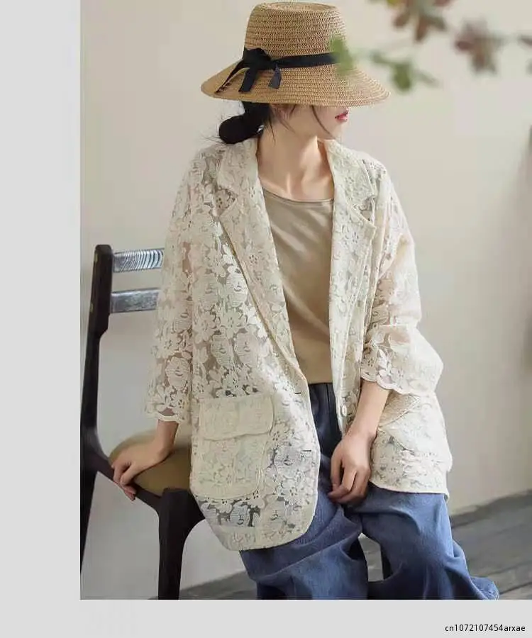 

Fashion Lace Hollowed Out Embroider Blazer Jacket Spring Summer Woman Casual Korea Ladies Womens Chic Cardigan Loose Coat