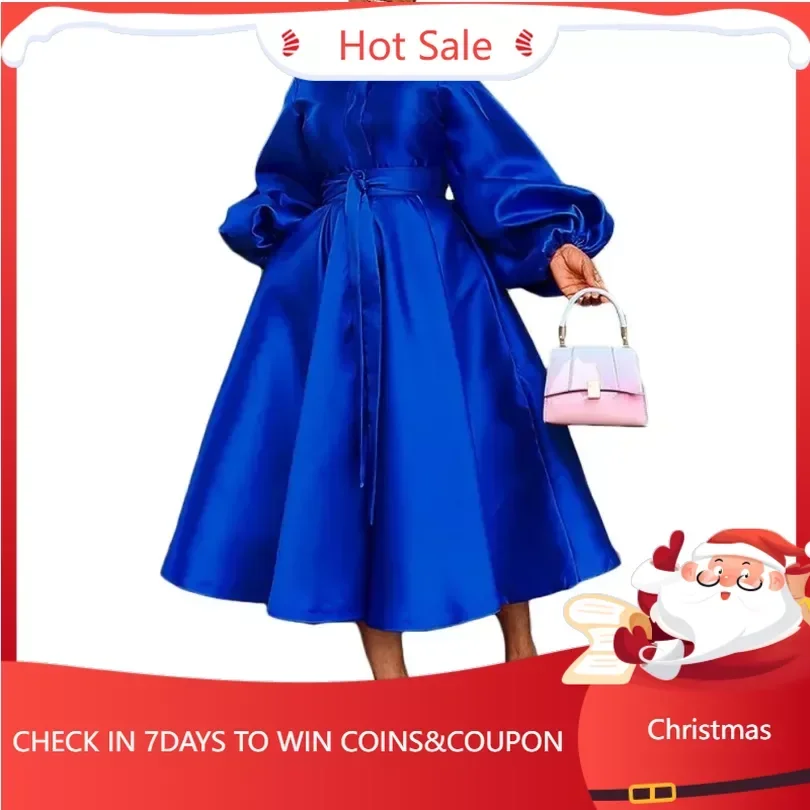 

Elegant Party Dress Women Long Lantern Sleeve Satin Pleated Midi Sundress 2024 Casual Loose Solid Oversize Robe Belted