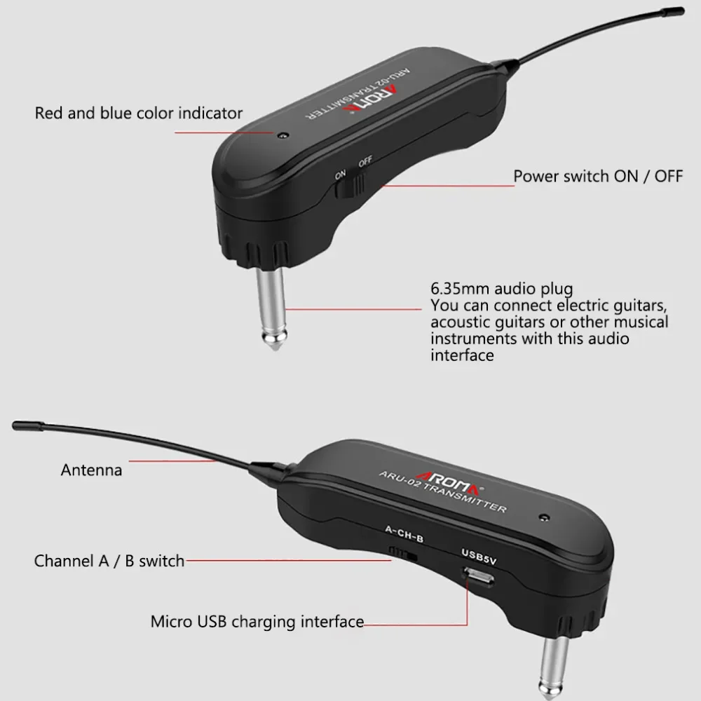 Guitar Wireless System Aroma ARU-02 UHF Transmitter Receiver Rechargeable Musical Bass Guitars Wireless Guita Transmitter