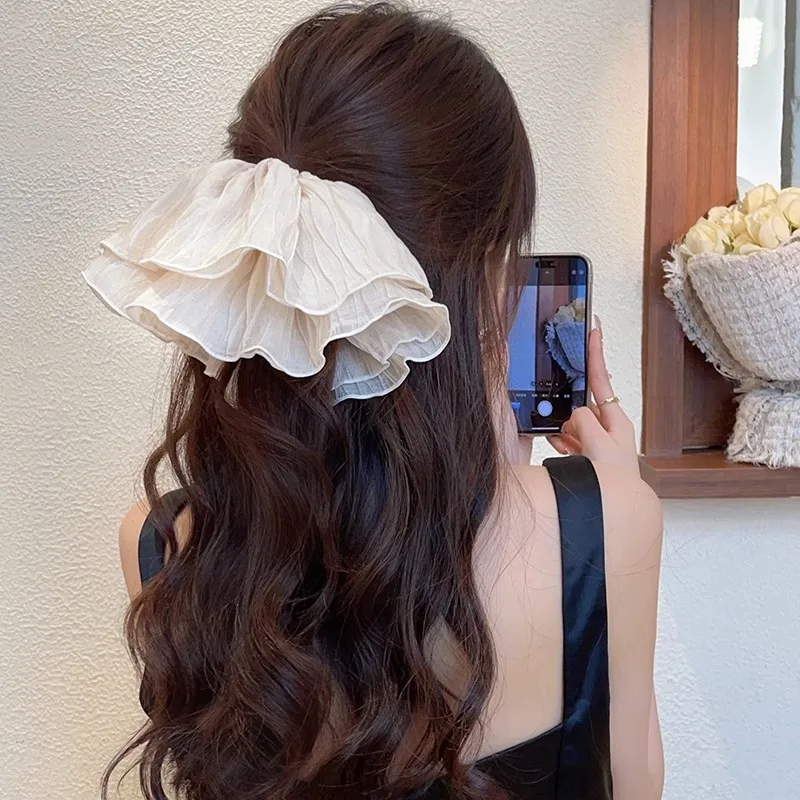 Elegant Women's Extra-Large Pleated Hair Flower Accessory in Black