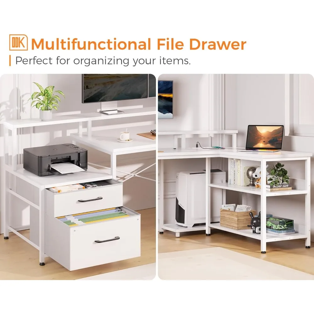 "66-inch reversible l-shaped desk with storage and integrated power outlet & led lighting for home office"