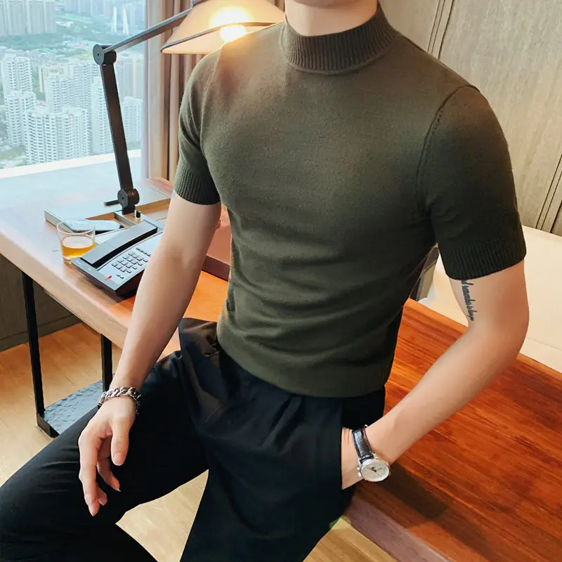 【INCHANT ME】[Warmer set] Turtleneck half T-shirt Men Half High Collar Slim Fit T-shirt Summer Casual Short
