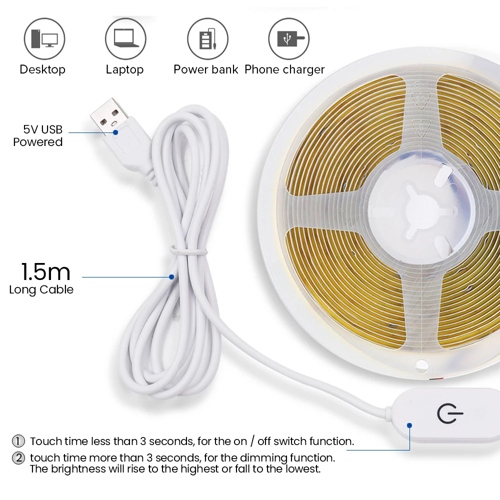 Kit Luz nocturna tira LED recargable USB 1 m. 