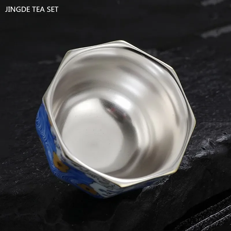 1Pc High-grade Silver Tea Cup Vintage Enamel Ceramic Teacup Chinese Handmade Master Cup Custom Tea Set Gifts Meditation Cup