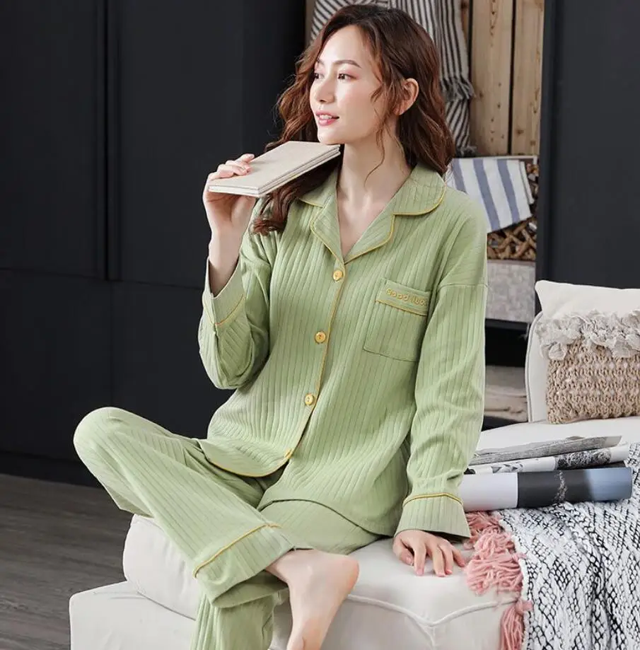 Women Cottton Pajama Summer Long-Sleeved Pajamas Set Homsuits Pyjamas Cartoon Pijama Sleepwear Leisure Nightwear