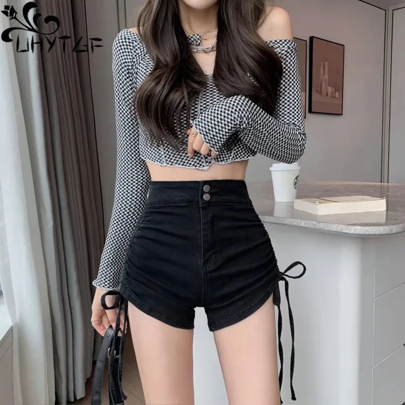 

UHYTGF Straight Leg Denim Shorts Ladies Summer Thin Style Drawstring Tight A-Line Hot Pants High Waist Women's Jeans Shorts58