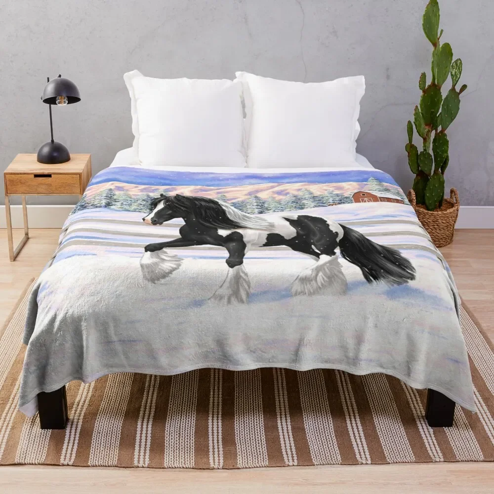 

Black Pinto Piebald Gypsy Vanner Draft Horse In Snow Throw Blanket Warm Flannel Luxury St Blankets