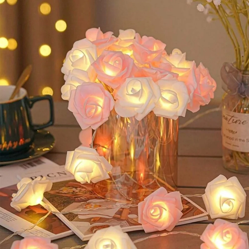 1PC 10/20LED Rose Flower Fairy Lights, LED String Lights for Valentines Day Wedding Bedroom Indoor Aesthetic Decor