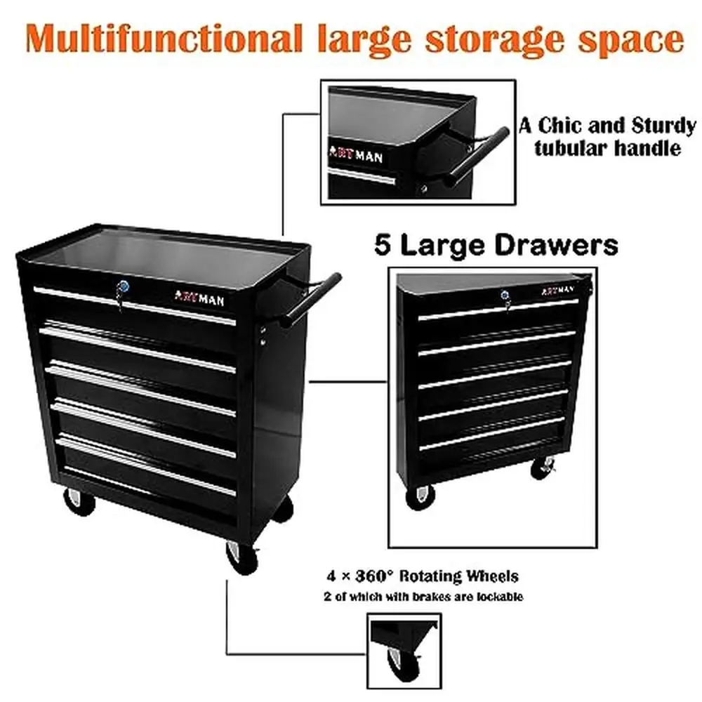 5-Drawer Rolling Tool Cart Organizer Steel Rolling Tool Trolley with Lockable Drawers Portable Tool Storage Chest on Wheels 3