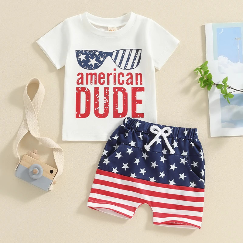 

Baby Boy 4th of July Outfits Round Neck Short Sleeve Letter Print Tops + Star Print Shorts Infant Toddler Independence Day Set