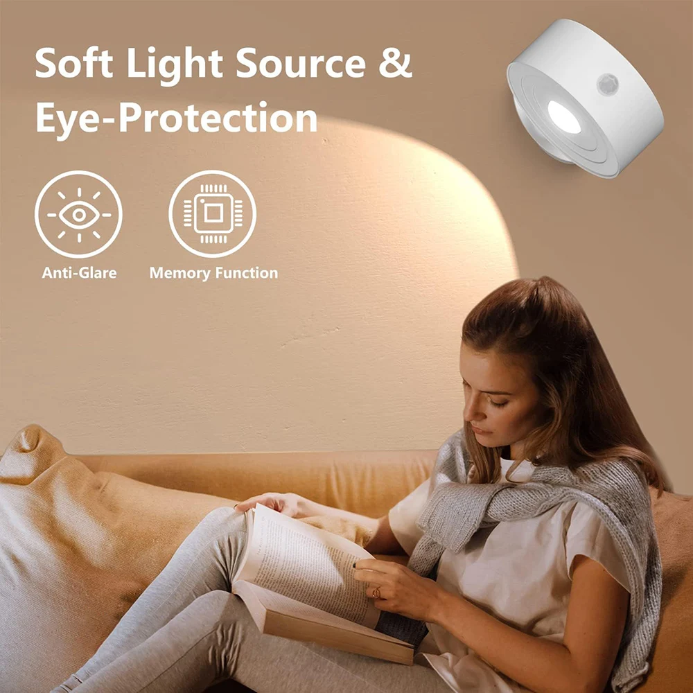Rechargeable LED Wall Sconces Light Motion Sensor Wall Cordless Lights 360&deg; Rotatable Magnetic Reading Lamp For Indoor Bedroom