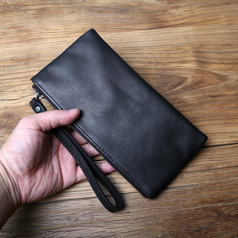 NZPJ Genuine Leather Men's Clutch Top Layer Cowhide Long Zipper Wallet Soft Leather Women's Wallet Large Capacity Thin Phone Bag