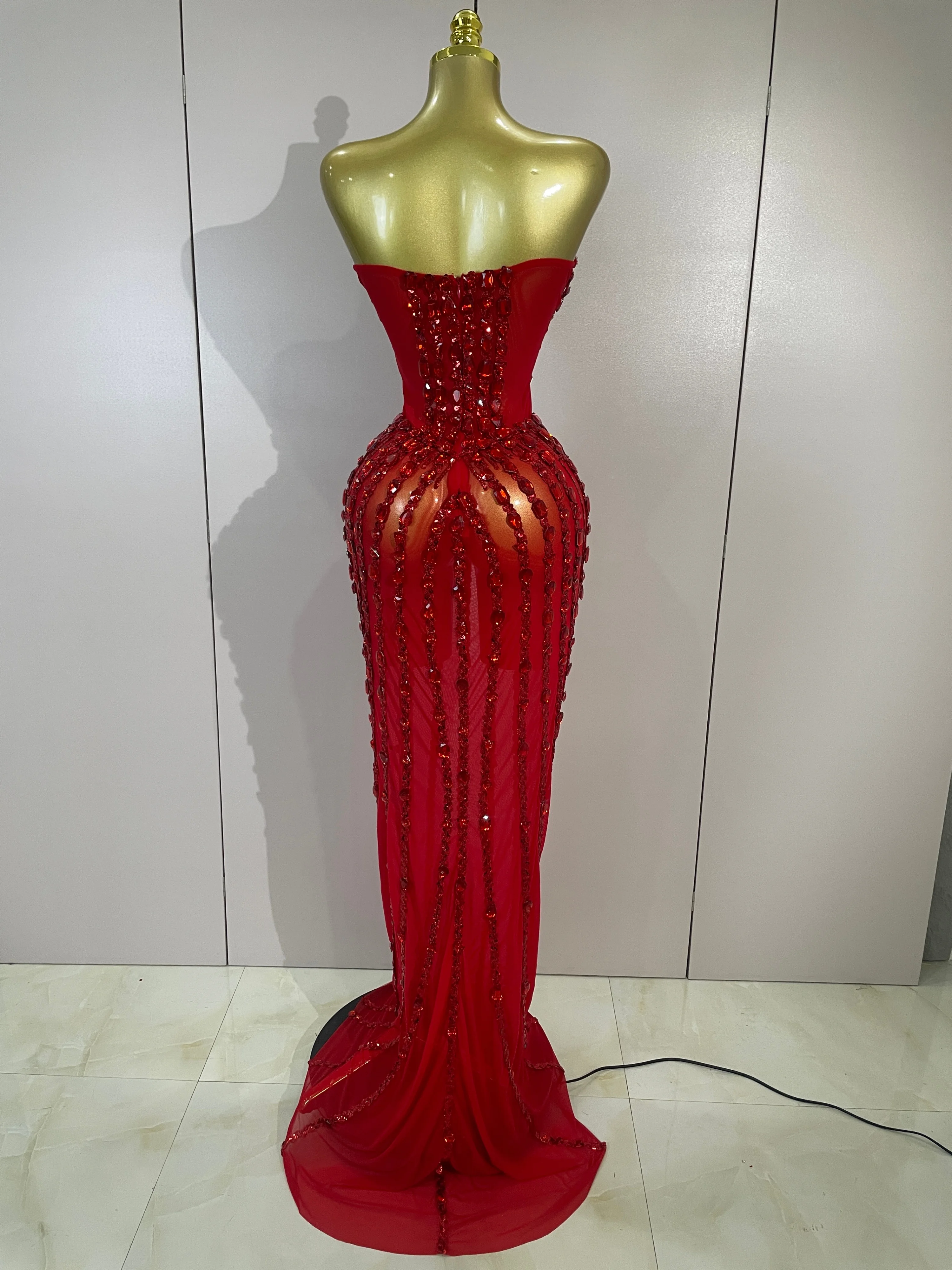 Sexy Red Strapless Mesh See Through Long Dress Evening Party Luxury Sparkly Diamond Birthday Nightclub PhotoShoot Stage Costumes