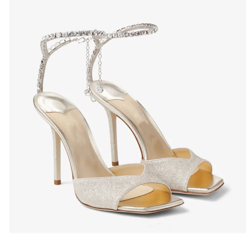 Spring New Square Head Fish Mouth Stiletto Super High Heel Fashion Catwalk Large Size Foot Chain Sandals for Women