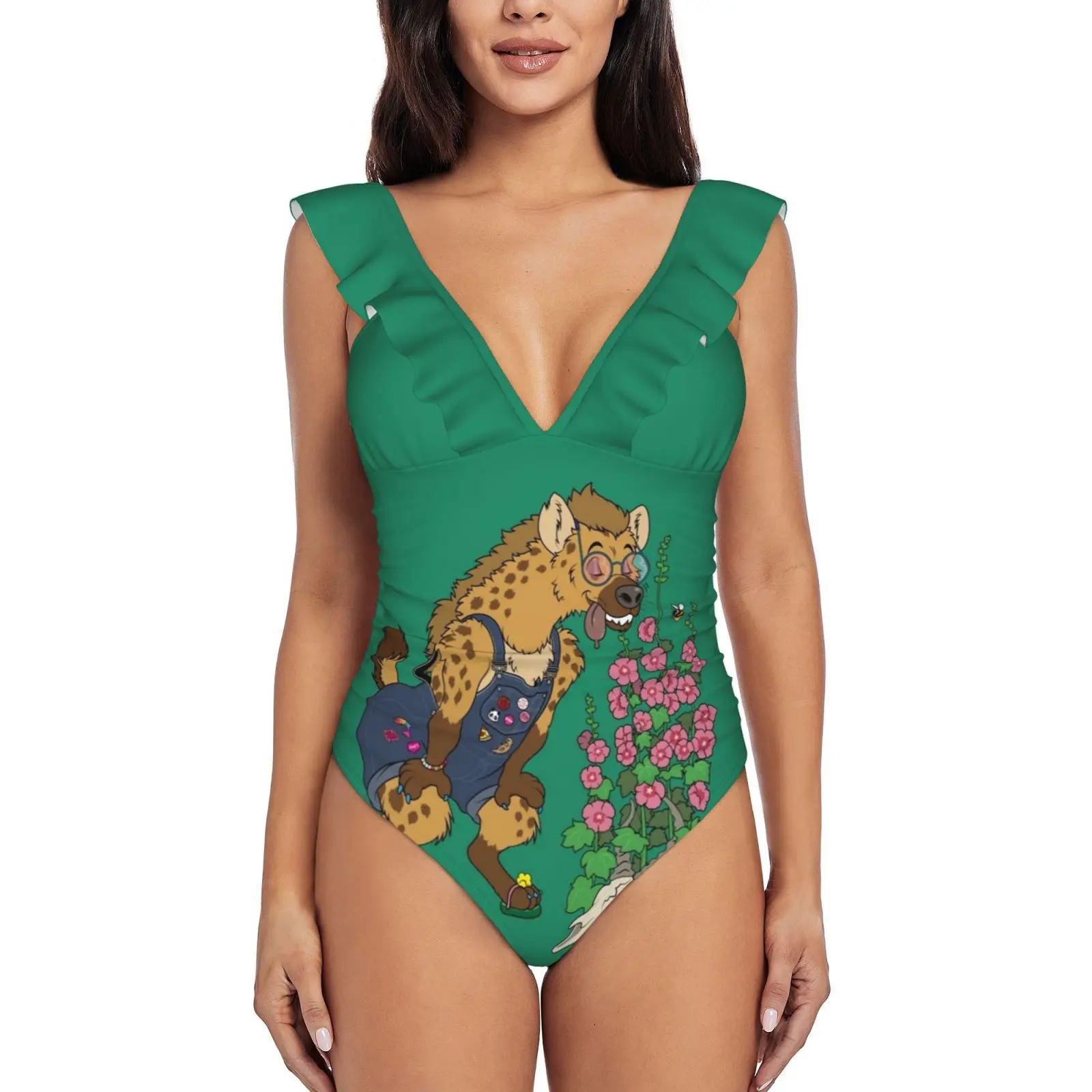 

Hyena In The Garden Ruffle One Piece Swimsuit Women Swimwear Push Up Monokini Sexy Print Bathing Suit Hyena Animal Animals