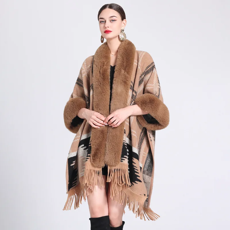 

3 Styles Winter Women Fur Printed Striped Loose Poncho Camel Cape Thick Warm Faux Woolen Batwing Sleeves Cloak Tassel Streetwear