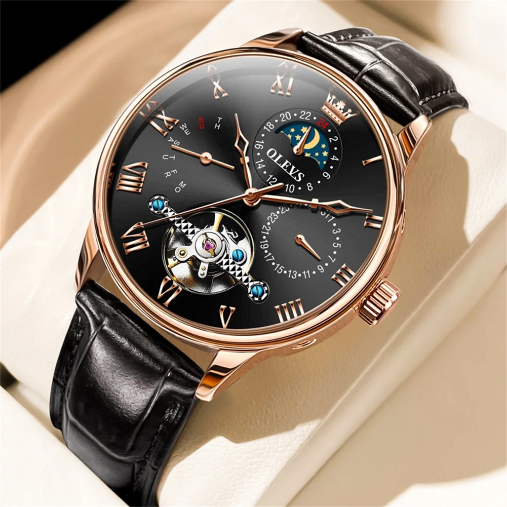 

OLEVS Tourbillon Mechanical Mens Watches Top Brand Luxury Moon Phase Date Automatic Watch Leather Strap Relogio Masculino