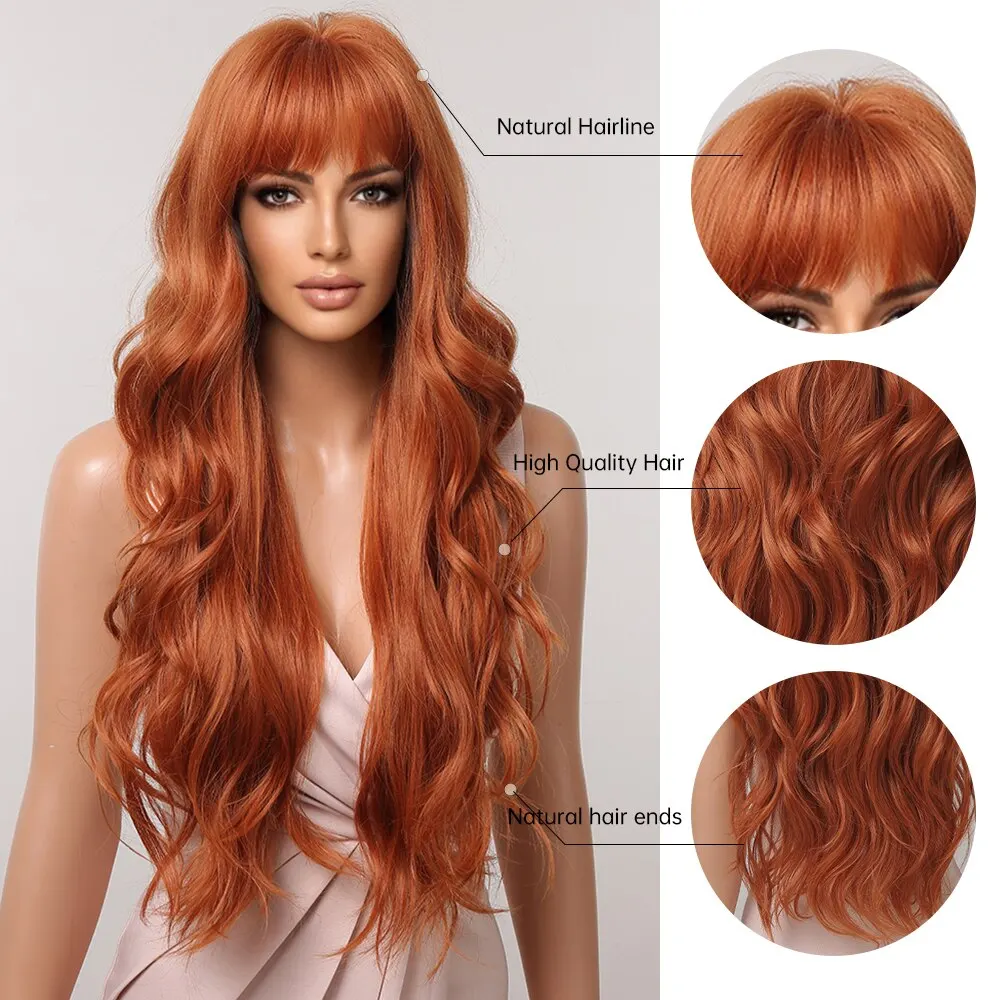 Parrucche sintetiche ricce allo zenzero per le donne Parrucche arancioni lunghe e ondulate naturali con frangia piatta Parrucca colorata resistente al calore per feste_voghion.com