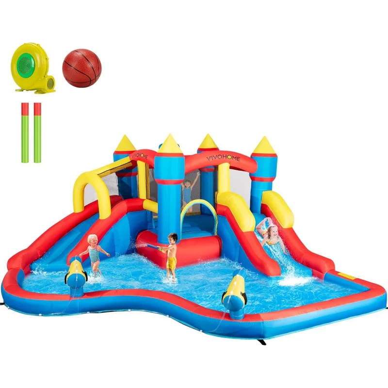 

VIVOHOME Inflatable Bounce House Water Bouncer Jumping Castle with 450W Air Blower, Double Water Slide, Sprinkler, Splash Pool,