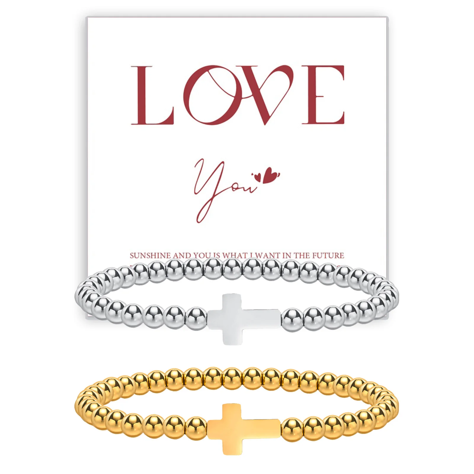 Vnox Damen-Kreuz-Armbänder, vergoldete Edelstahl-Perlen-Perlenarmbänder, modisches stapelbares Armband, Glaube-Christus-Schmuck