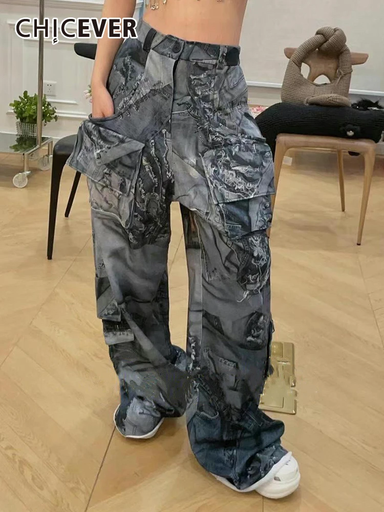 

CHICEVER Hit Color Streetwear Denim Trousers For Women Patchwork Pockets Folds Loose Straight Long Jeans Female Spring Clothes