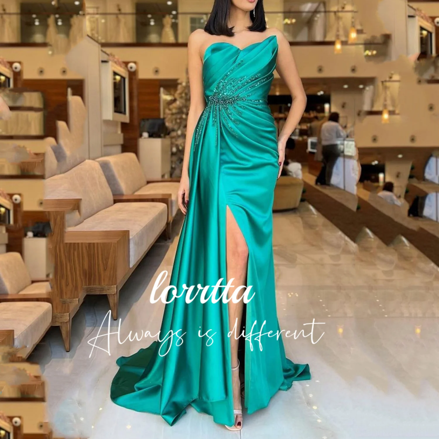 

Lorrtta Fishtail Pleated Satin Sequined Strapless Off-the-shoulder Sleeveless Sexy Prom Dress With Slit فساتين للحفلات الراقصة