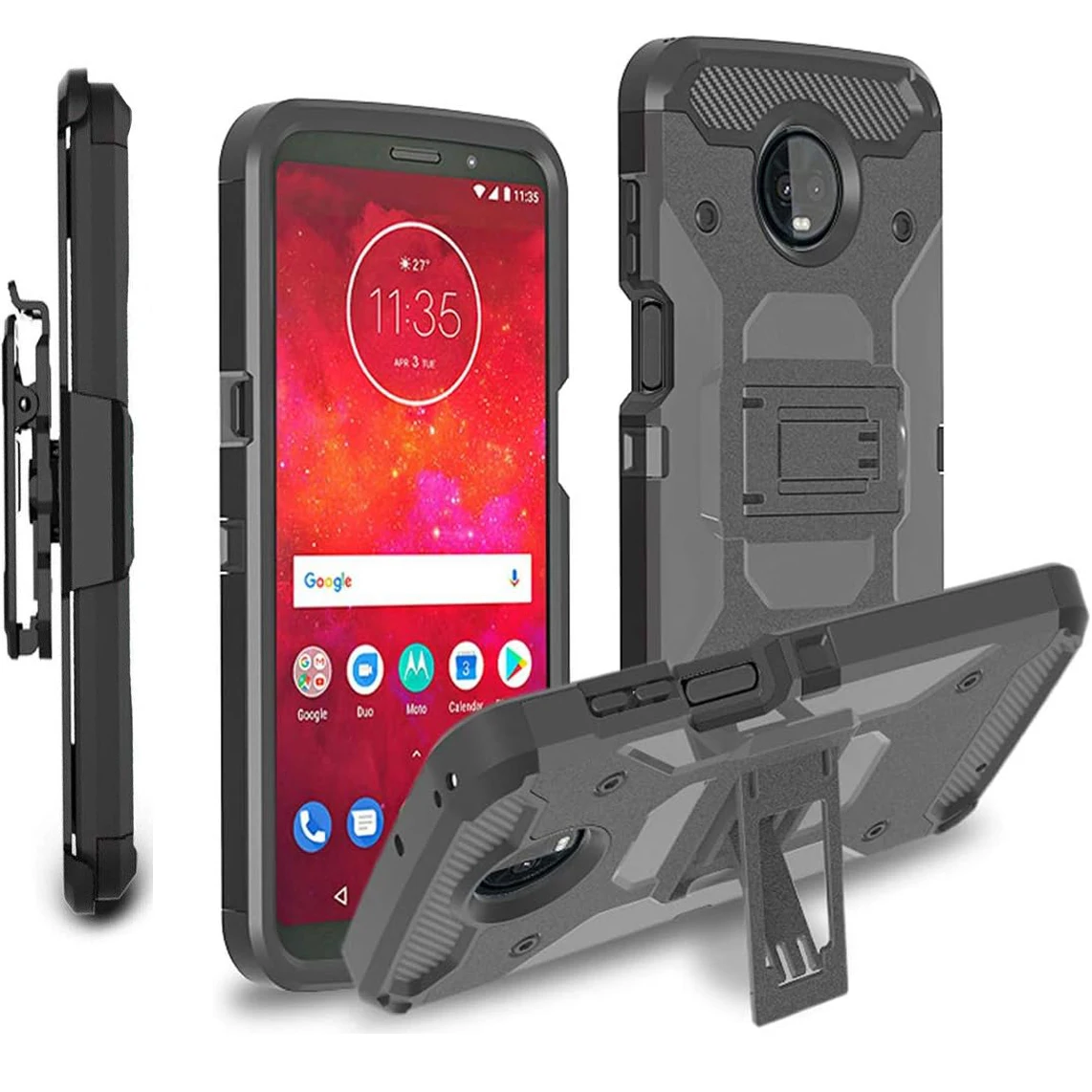 

3 in 1 Defend Armor Shockproof Case For Motorola Moto Z3 Play Shockproof Holster Armor Cover Kickstand Belt Clip +Tempered Glass