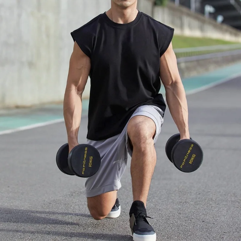 Cotton Sprort T-shirt Bodybuilding Slim Shirts Sleeveless Tank Tops Gym Workout Shirt Men Sportwear Loose Summer T Shirt Men 2