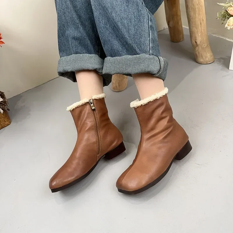 

Krasovki 2.5cm Ethnic Genuine Leather Flats Rubber Soled Autumn Fashion Winter Plush Ankle Booties Spring Women Ankle Soft Shoes