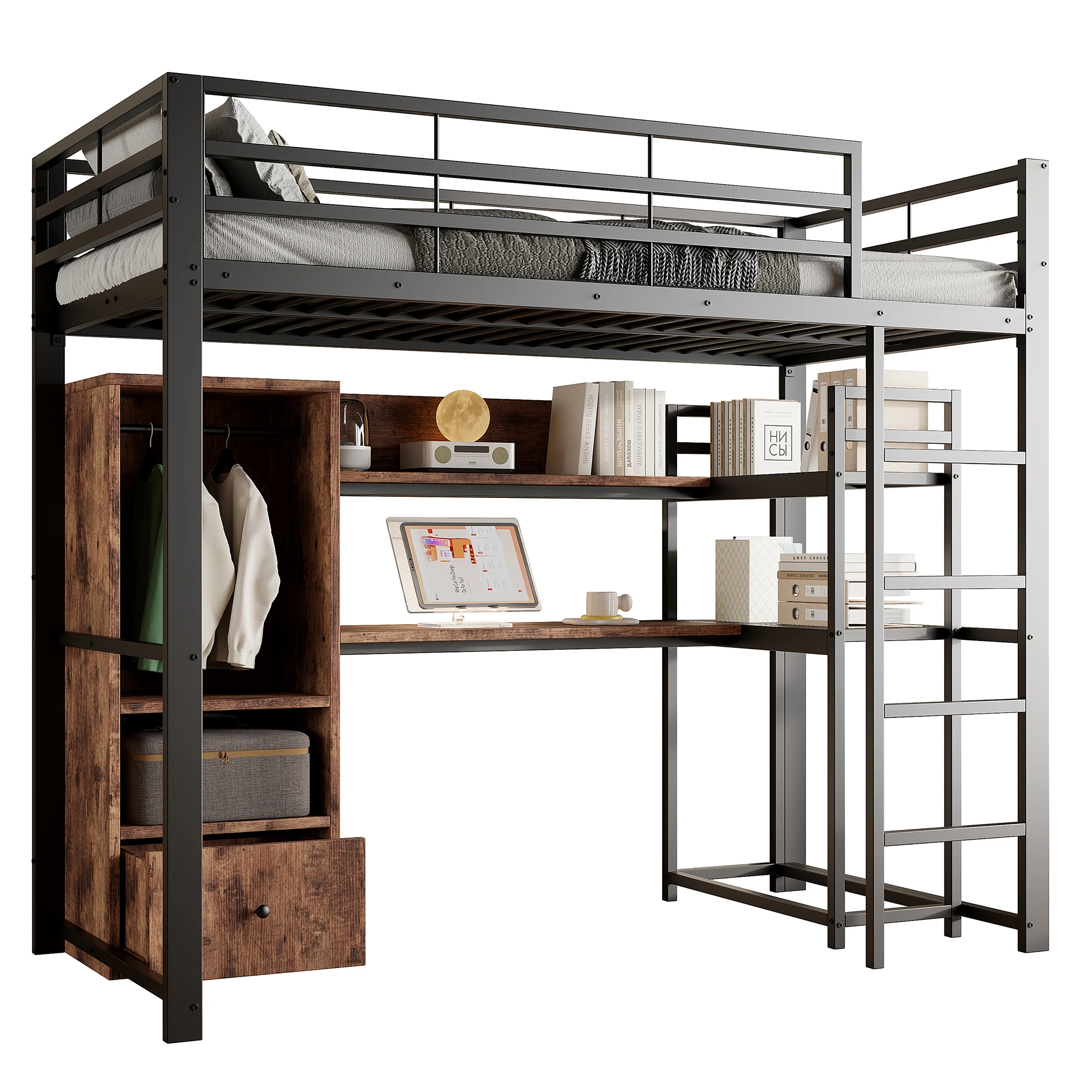 Hochbett, 140x200cm, Metallbett, mit LED-Beleuchtung, Schreibtisch, 1 Schublade, Regale, Geländer, Treppe, ohne Matratze, schwarz – Detail 9