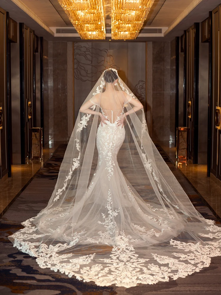 Long Cathedral Length Bridal Veils Appliques Stock Wedding Veils Wedding Accessories