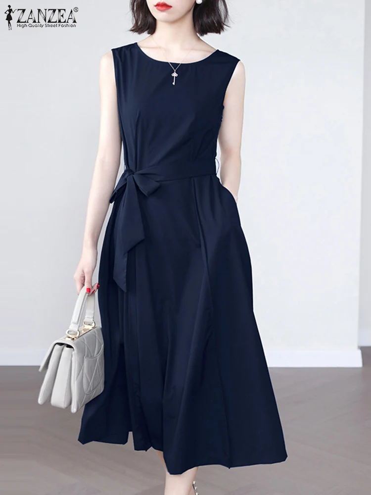 

Fashion Summer Sleeveless Dress ZANZEA Women O Neck Party Sundress Causal Midi Robe Elegant Solid A Line Dresses Tanks Vestidos
