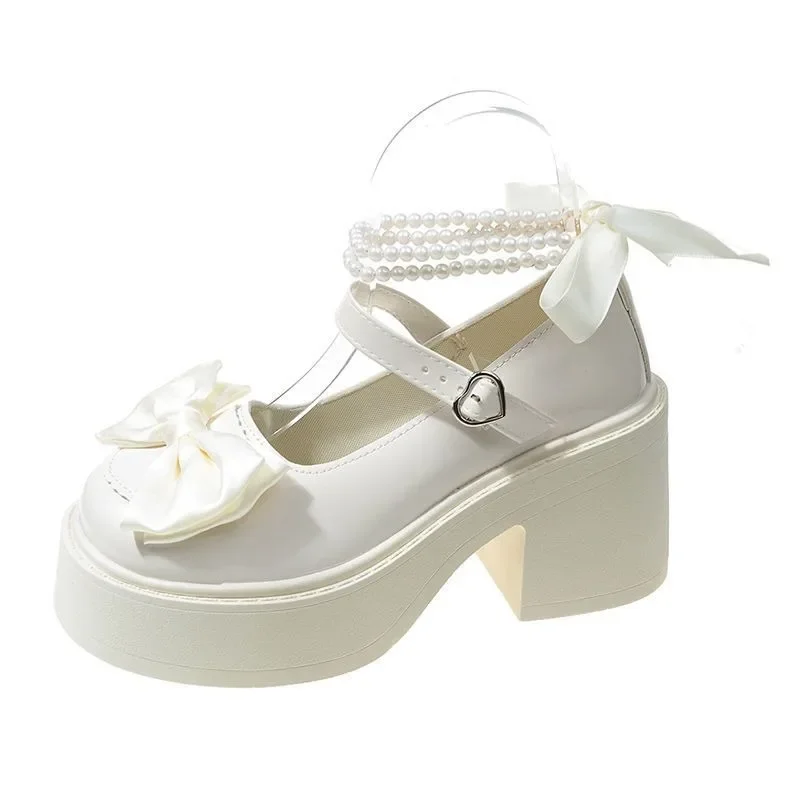 Women's High Heels 2024 High Quality Square Heels Mary Jane Bow Round Toe Buckle Dress Party Women's High Heels Chaussure Femme 6