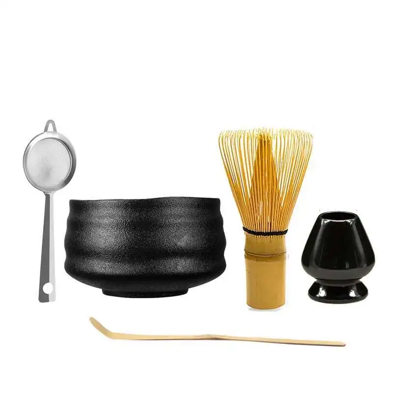 Crude Matte Black Ceramic Chawan Kiln Glazed Handmade Japanese Matcha Bowl Bamboo Whisk Holder Scoop