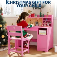 Ensemble bureau et chaise d'étude pour enfants avec rangement, bureau d'étude pour enfants avec hutch et inclinable, table en bois avec rangement pour enfants pour écrire 4