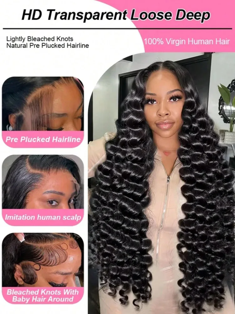 42 Inch Loose Deep Wave Wig 100% Human Hair Wigs for Women Curly Wig Brazilian Pre Plucked Remy Glueless Deep Lace Frontal Wig